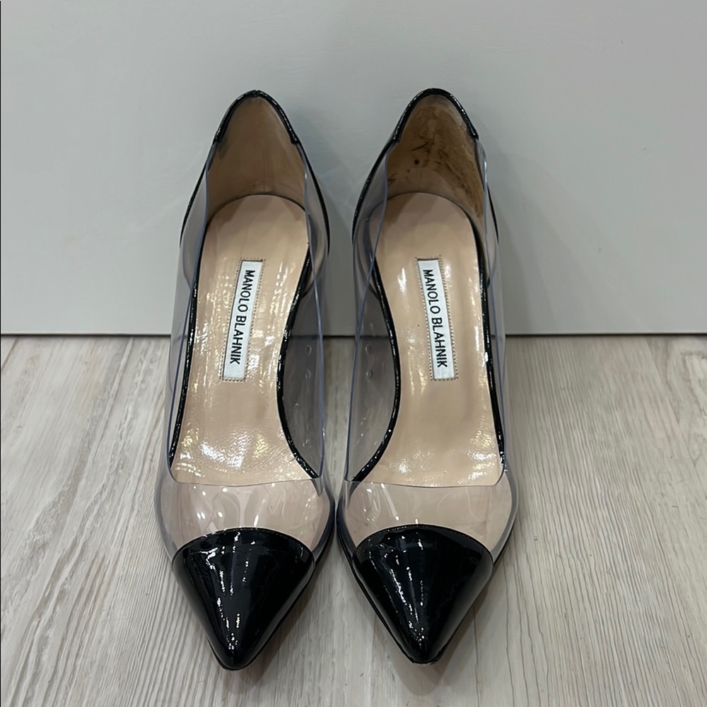 Manolo Blahnik Black and White Heels with Cap-Toe Design